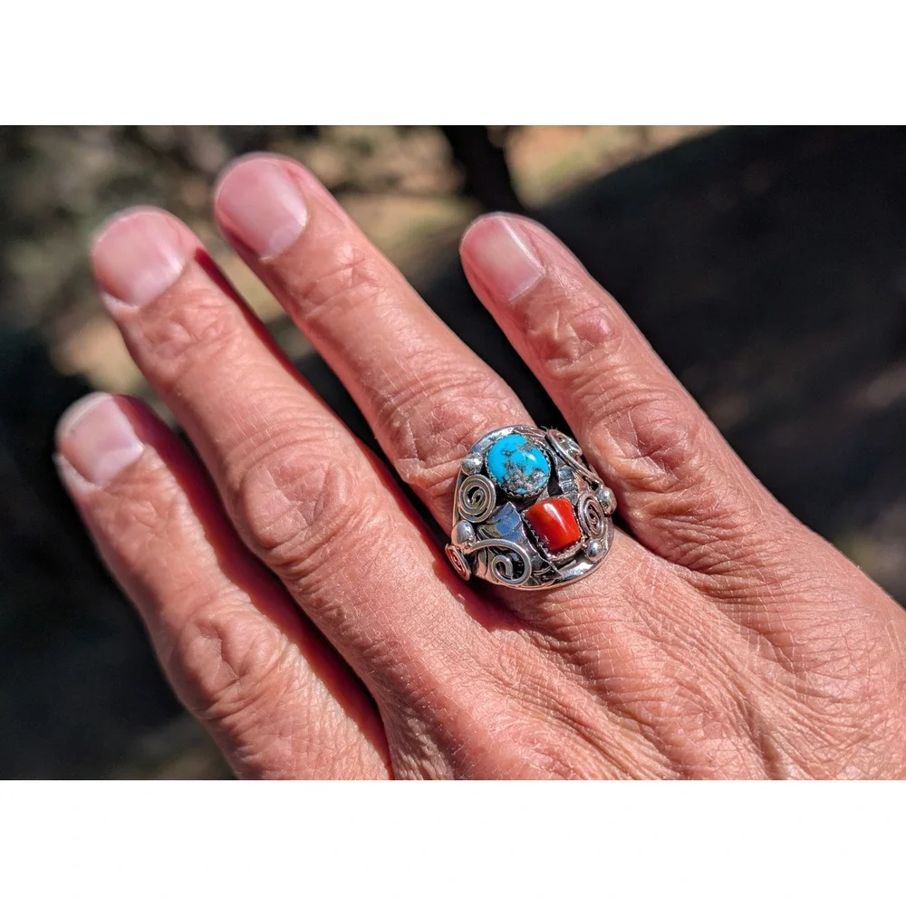 Navajo Men's Ring Sterling Silver Turquoise Coral by Lorena Brown sz 11.5 ***